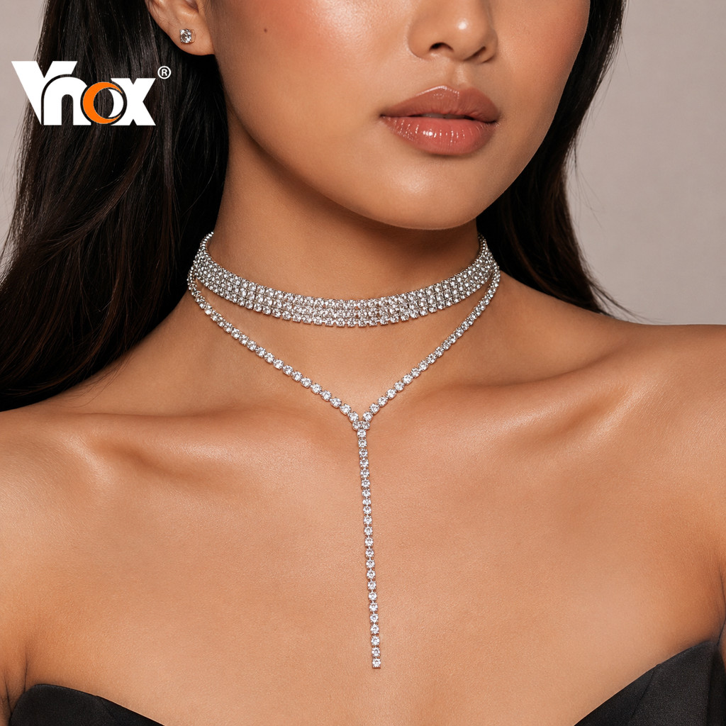 Vnox Silver Plated Cubic Zirconia Double Y Lariat สร้อยคอผู้หญิง,ประกายชั้น Clavicle Chain เครื่องประดับของขวัญสําหรับงา