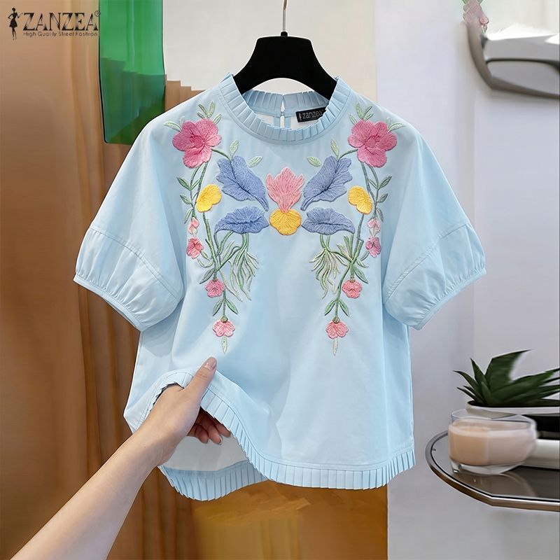 ZANZEA เสื้อเบลาส์ลายดอกไม้แขนพัฟแขนสั้นพิมพ์ลายเกาหลีสําหรับผู้หญิง — صورة 6