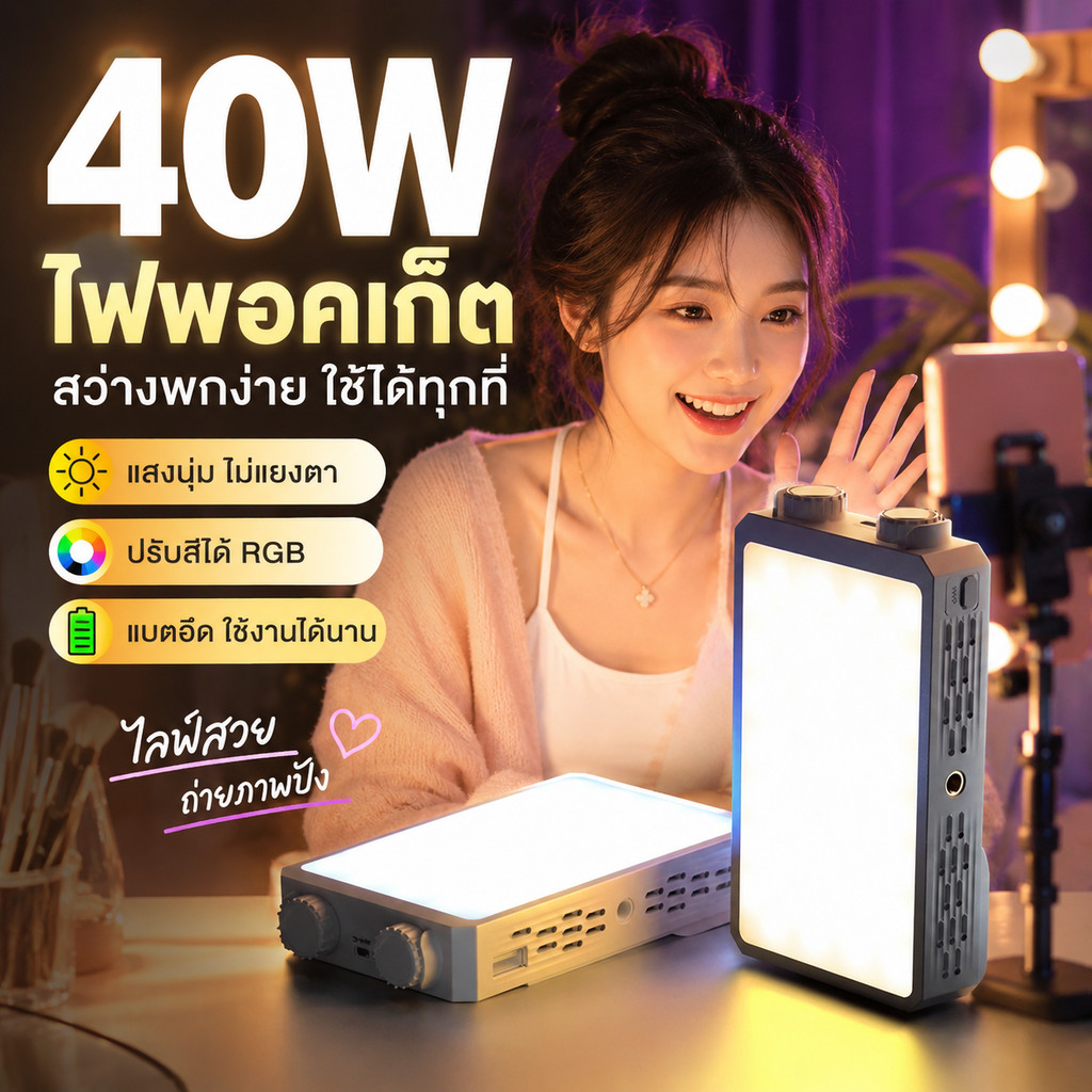 ไฟไลฟ์สด LED 40W ปรับอุณหภูมิสีได้ 2500-9000K หรี่แสงได้ ชาร์จUSB เหมาะใช้งานทั้งในบ้านและนอกบ้าน