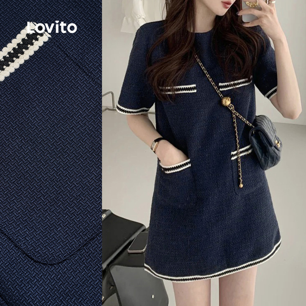 Lovito ชุดเดรสลำลอง กระเป๋าหลอก แต่งขอบสีตัดกัน ฤดูใบไม้ร่วง/ฤดูหนาว สีดำ สำหรับผู้หญิง L155AD079