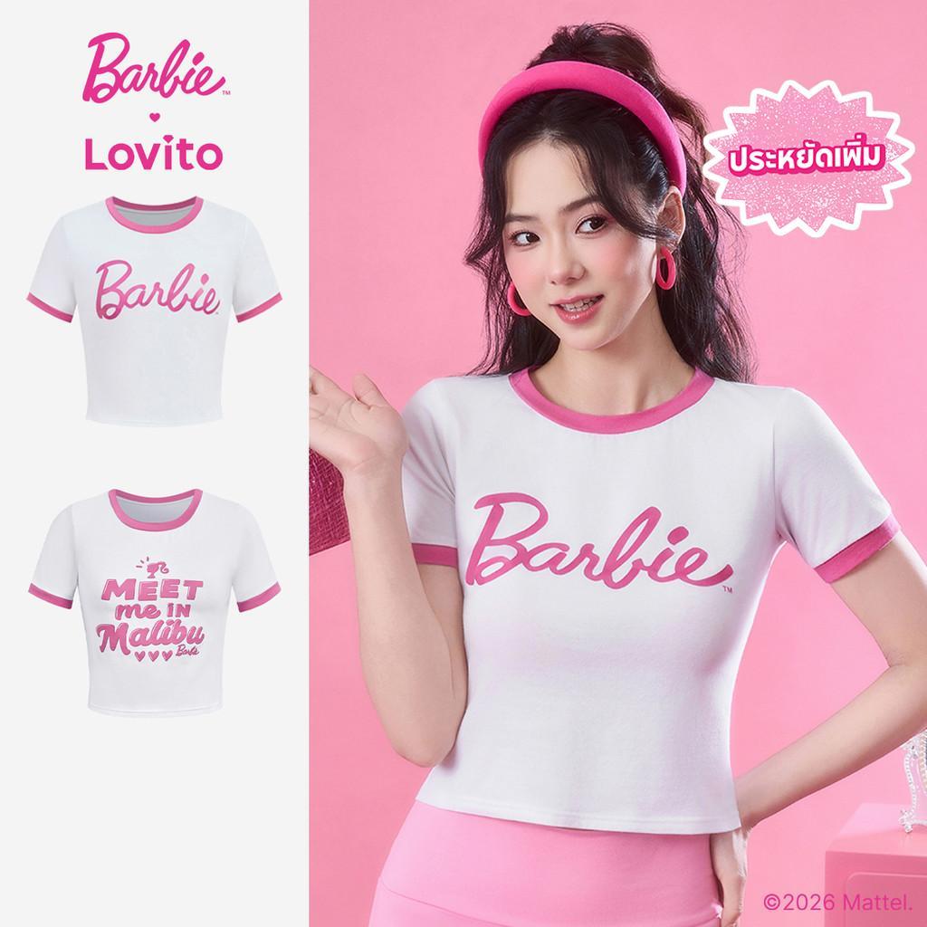 [Summer Sale] Barbie™ X Lovito เสื้อยืดลำลองทรงเข้ารูป ผ้าฝ้ายสีขาวสำหรับผู้หญิง เหมาะสำหรับฤดูใบไม้ผลิ/ฤดูร้อน LB1AD023