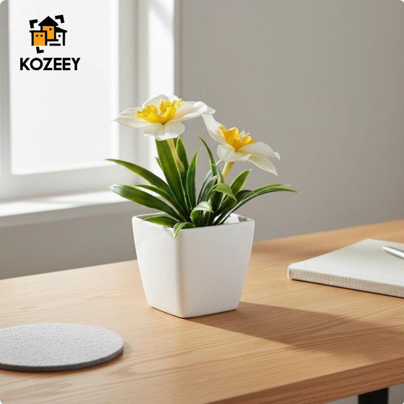 KOZEEY ดอกไม้ประดิษฐ์ Daffodil สมจริงกระถางต้นไม้ Modern Home Accent สําหรับห้องนั่งเล่นชั้นวางและ Entryway