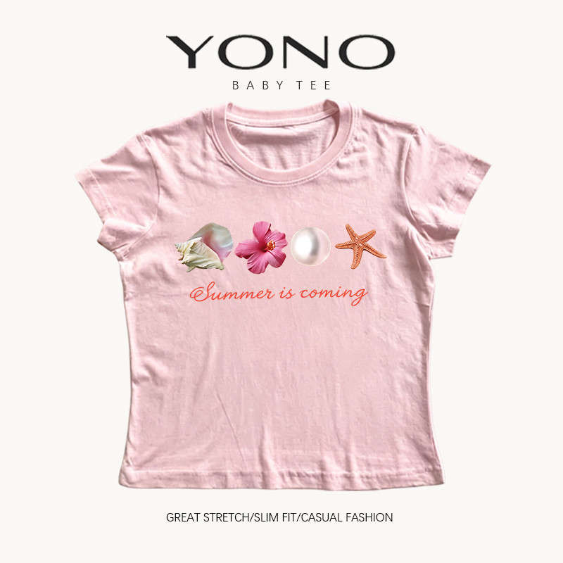 (พร้อมส่ง24ชม.) baby tee สีชมพู ลายเปลือกหอยทะเล ฟีลซัมเมอร์หวานๆ ทรงเข้ารูป ใส่เที่ยวทะเลน่ารักมาก