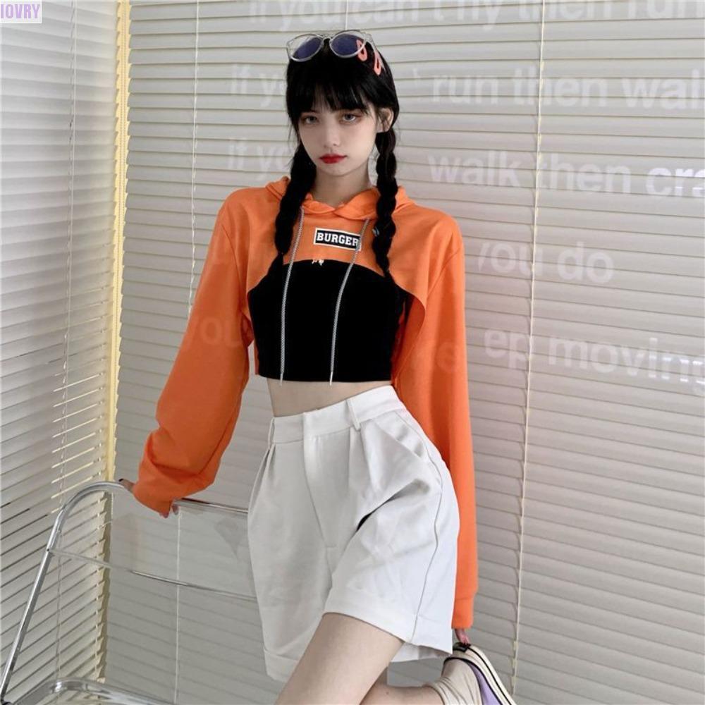 เสื้อครอปแขนยาวสีงาช้าง,เสื้อยืด Y2K เสื้อมีฮู้ดสั้นพิเศษ,ฮาราจูกุหลวมStreetwear Drawstring Shrugเสื้อสวมหัวสาว
