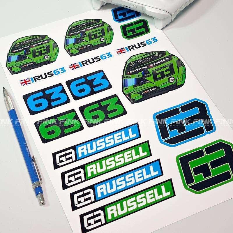 F1 stickers, Russell driver stickers, racing-style window stickers