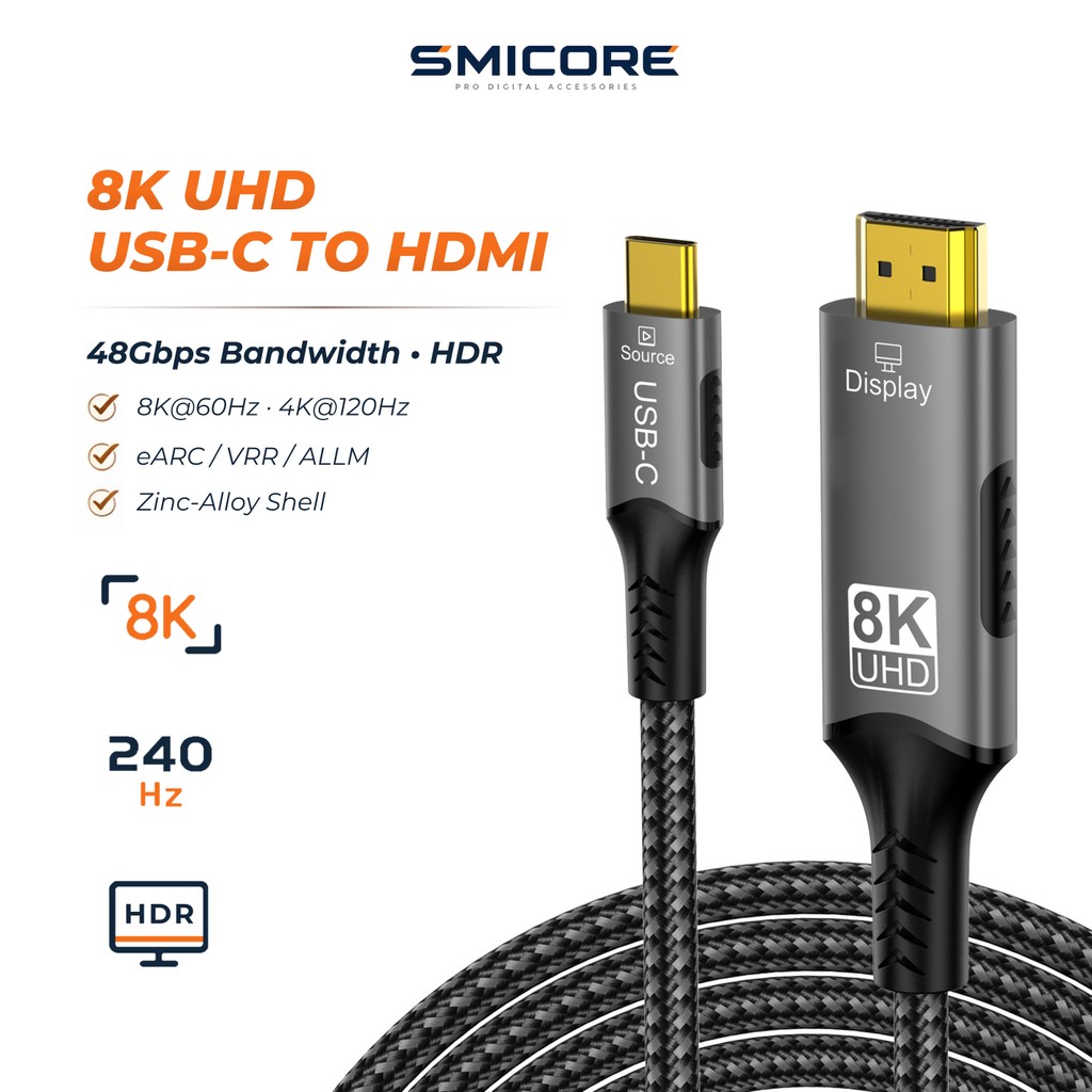 สายแปลง Type-C เป็น HDMI 8K60Hz สายต่อจอ 4K/8K ความคมชัดสูง ใช้กับ คอมพิวเตอร์ มือถือ โน้ตบุ๊ก iPad
