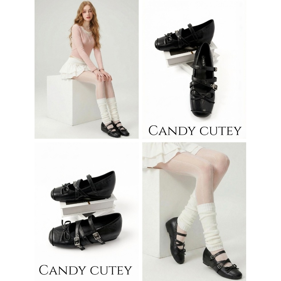 Candy Cutey รองเท้าคัทชูหนัง ดีไซน์สุดคิวท์ ทรงหัวตัดหน้ากว้าง ใส่สบายไม่บีบเท้า เพิ่มลูกเล่นด้วยโบว์หน้าและสายไขว้หน้า
