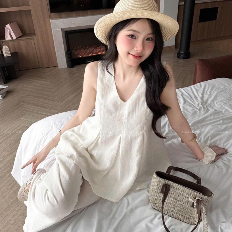 ชุดลินินผู้หญิง หลวม โปร่ง เที่ยวเกาหลี 2 ชั้น Jeace Studio Lenpa Set59