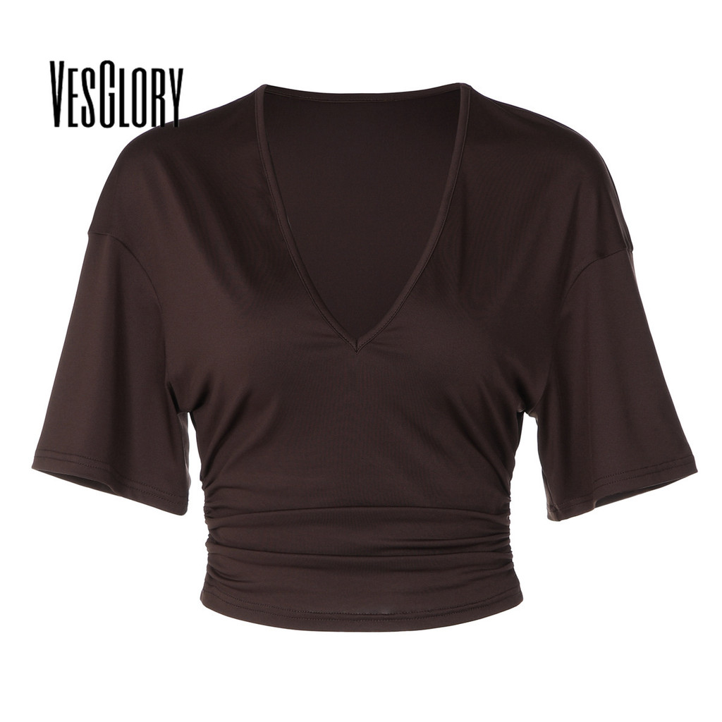 VesGlory ผู้หญิง 2026 สีทึบคอวีแขนสั้นเสื้อยืดแฟชั่น New Daily College Y2k