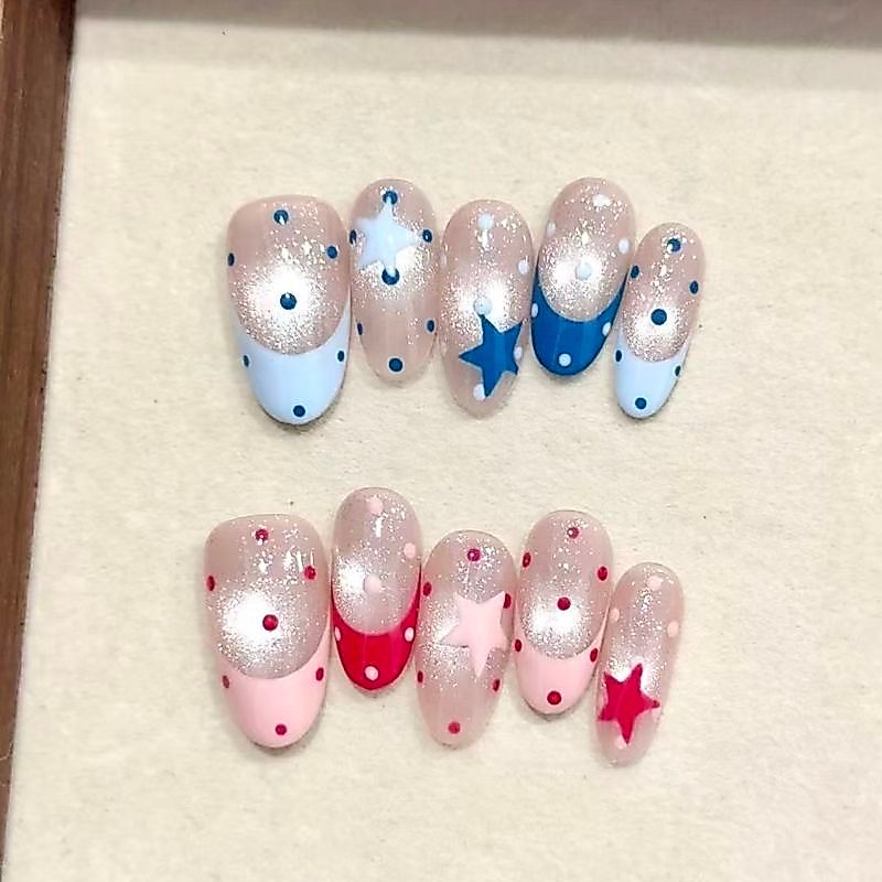 10 ชิ้น แพทช์เล็บ [สีชมพู สีฟ้า ดาว ลายจุด] ฐานใส เปลือย ขอบฝรั่งเศส ลายดาว สีแดง-น้ําเงิน แบบกดถอดได้