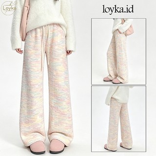 Loyka Celana Panjang Wanita Ketan Pelangi Lembut Longgar Pinggang Tinggi Kasual Lurus Kulot Panjang Baggy Pants