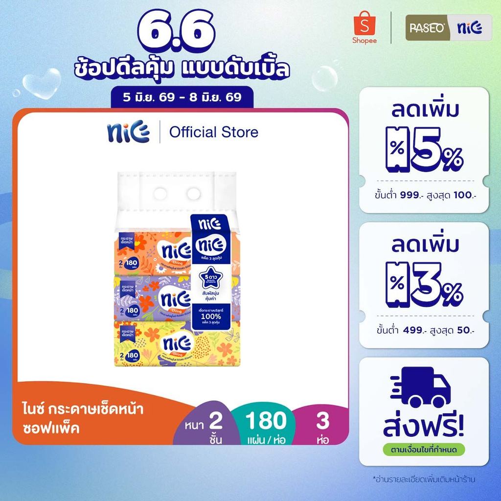 Nice ไนซ์ ซอฟท์แพ็ค กระดาษเช็ดหน้า 180 แผ่น แพ็ค 3 ห่อ (ทิชชู่ กระดาษทิชชู่) x 1