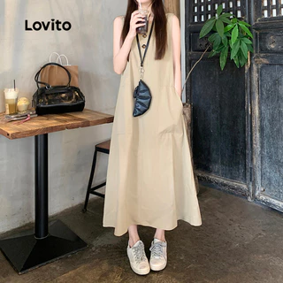 Lovito ชุดเดรสแฟชั่นแคชชวลแบบมีปุ่มสำหรับฤดูใบไม้ผลิ/ฤดูร้อน สีครีมอ่อน สำหรับผู้หญิง เกาหลี อินเทรนด์ L159AD070