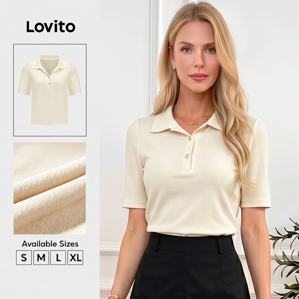 Lovito เสื้อยืดลําลองเสื้อยืดคอปกโปโลไข่มุกธรรมดาสําหรับผู้หญิง LBL10131
