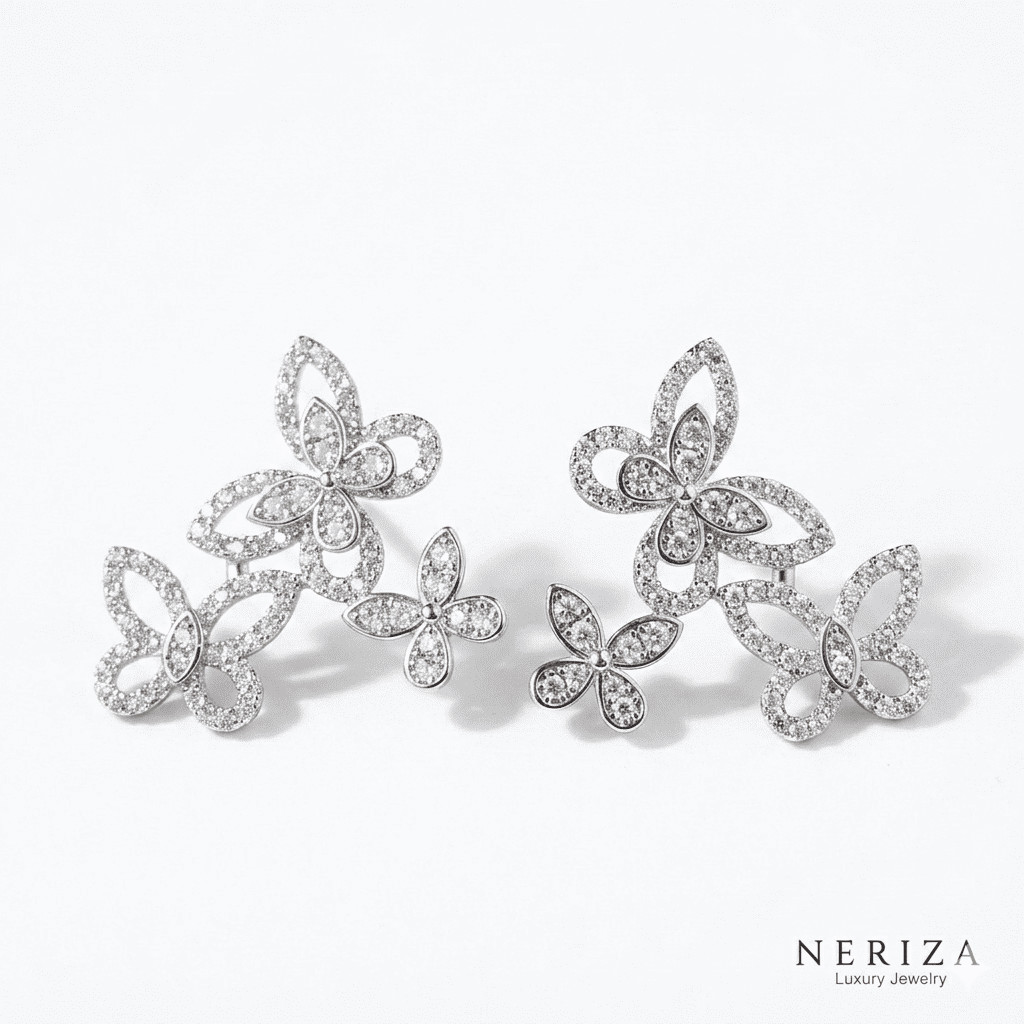 Neriza Jewelry/ ต่างหูติดหูเพชรประกายเทียบเท่าเพชรแท้ NE165 ต่างหูผีเสื้อ