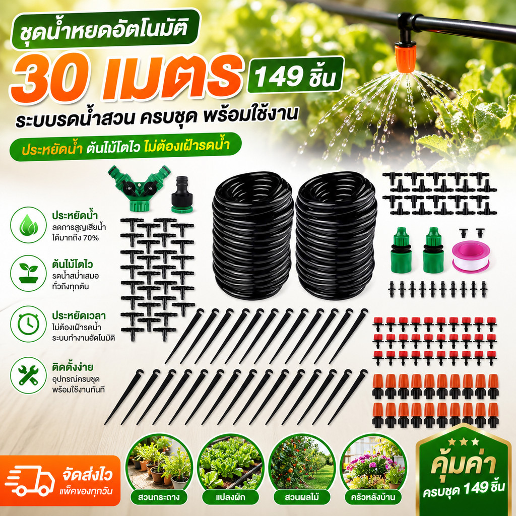 ชุดน้ำหยดอัตโนมัติ 30 เมตร 149 ชิ้น สายยางน้ำหยด ระบบรดน้ำสวน สปริงเกอร์ ปรับน้ำหยดได้ เหมาะสำหรับสวน ครัวหลังบ้าน