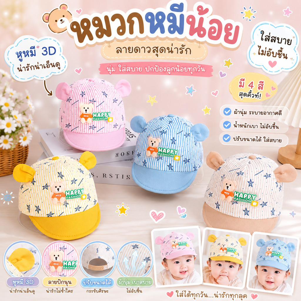 หมวกลายการ์ตูนหมี สำหรับเด็ก ลายสก๊อตหลากสี ตกแต่งหู 3 มิติ หมวกบังแดดแบบนุ่มสำหรับเด็ก SH01