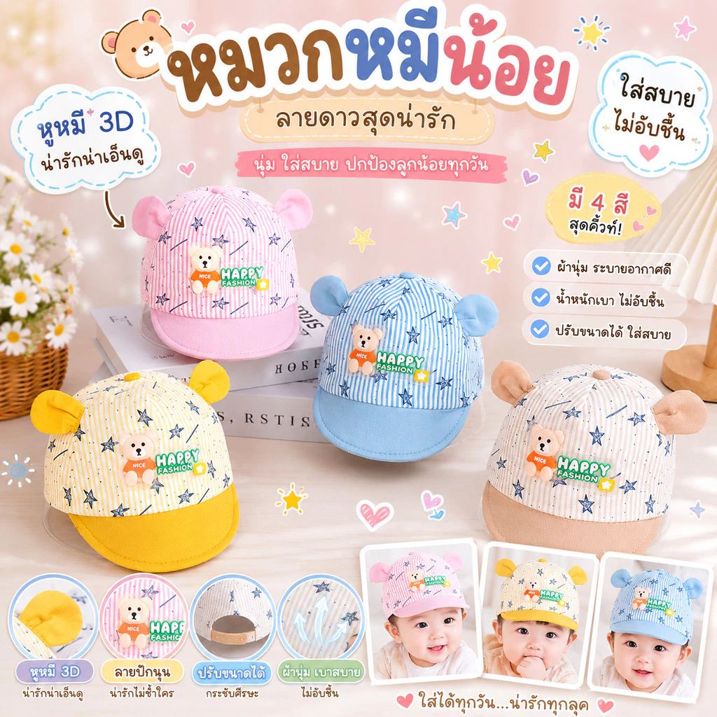 หมวกลายการ์ตูนหมี สำหรับเด็ก ลายสก๊อตหลากสี ตกแต่งหู 3 มิติ หมวกบังแดดแบบนุ่มสำหรับเด็ก SH01