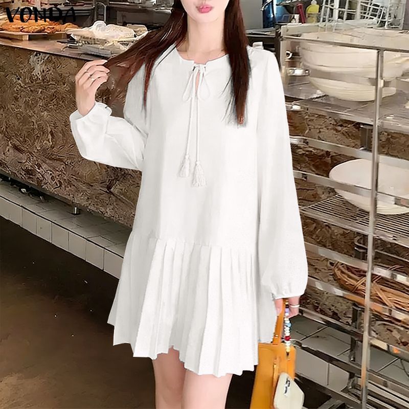 VONDA ผู้หญิงเกาหลีสไตล์ลําลองรอบคอ V Notch Tie พู่ชีฟอง Spliced ยืดหยุ่น Cuff พัฟแขนหลวมเสื้อสวมหัววันหยุดแขนยาวมินิเดรส — صورة 4