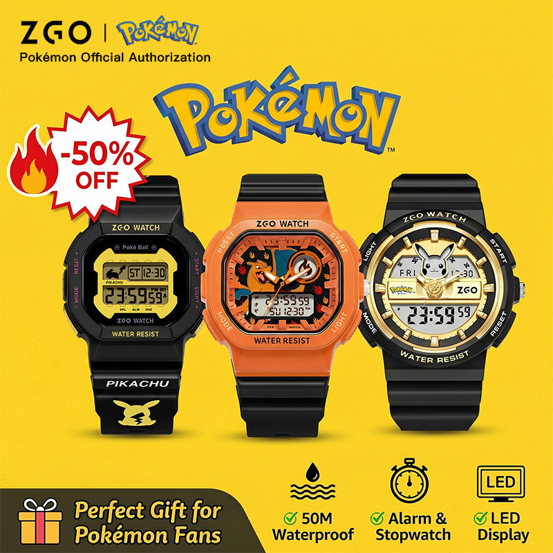 ZGO Pokemon Pikachu นาฬิกาอิเล็กทรอนิกส์เด็กผู้ชาย มีแสงสว่าง กันน้ำ 50เมตร ของขวัญวันเกิดยอดนิยม 866
