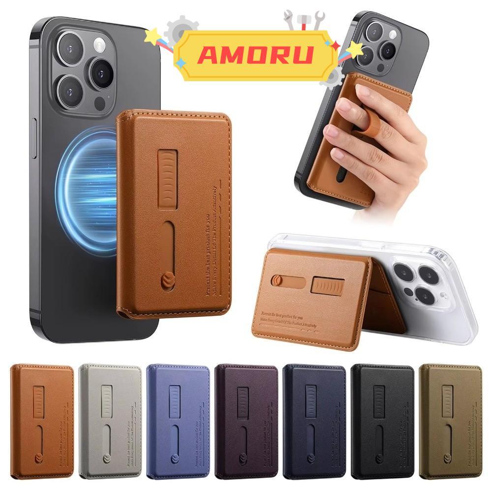 AMOR12U7 Magnetic Wallet Card Holder, PU หนัง Ultra-Thin Finger Ring Bracket,ซ่อนน้ําหนักเบา 2 IN 1 