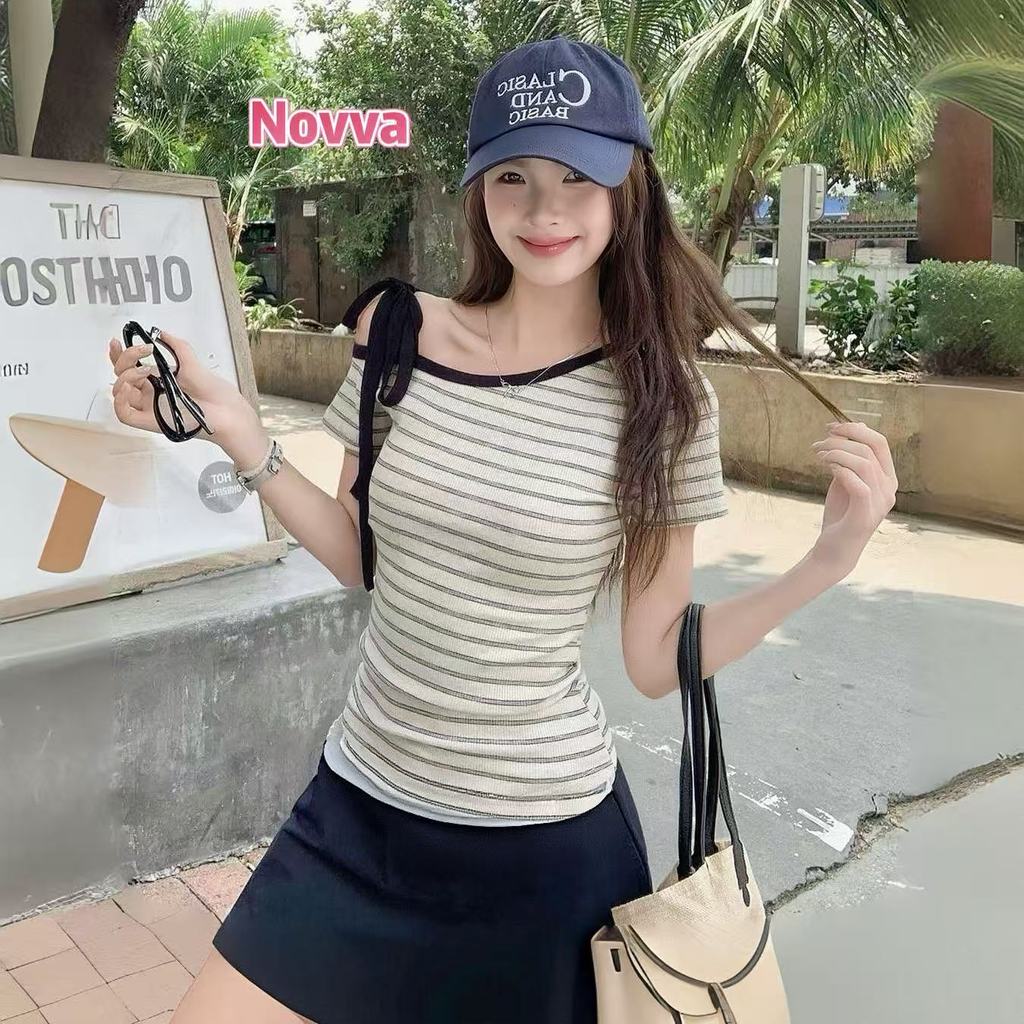 Novva ส่งไวจากไทย เสื้อแขนสั้น 3สี  ลายจุด ปาดไหล่ ดีไซน์ผูก น่ารักสไตล์เกาหลี