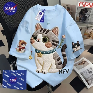 【ของพร้อมส่ง ส่งใน 24 ชั่วโมง】🔥NASA เสื้อฤดูร้อน ยูนิเซ็กส์ แขนสั้น สตรีท ลายแมวปัก🐱ทรงใหญ่ เทรนด์ คอกลม เสื้อ YG4721
