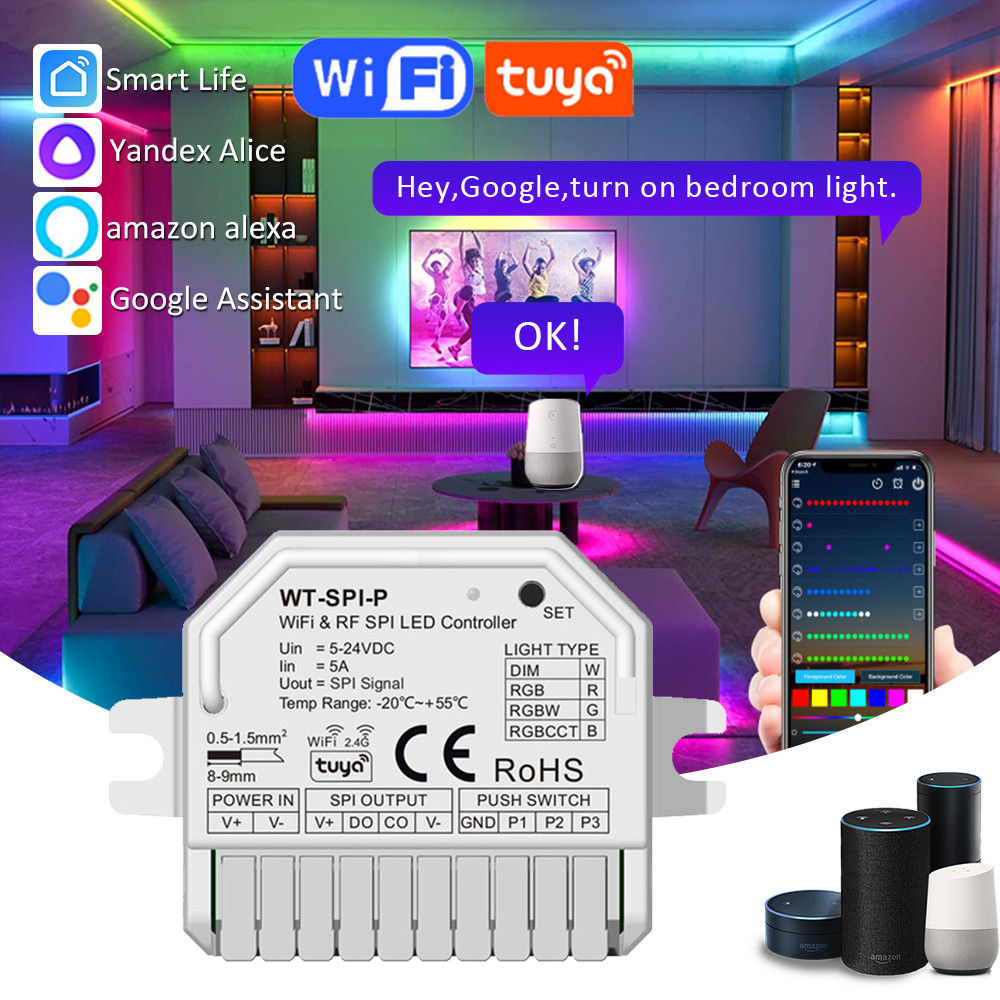 Tuya WiFi SPI LED Controller เดี่ยวสําหรับสี RGB RGBCCT RGBW SPI LED Strip พิกเซลวิ่ง WS2811 Ws2812 