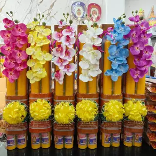 เทียนพรรษา เทียนคู่ เบอร์ 5X60 ซม. พร้อมผ้าอาบ ตกแต่งสวยงาม ราคาชุดละ