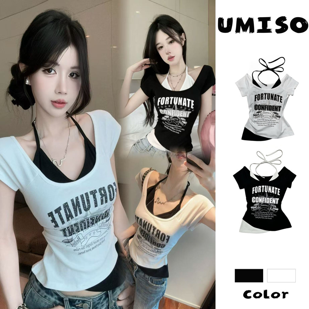 UMISO ส่งไวจากไทย เสื้อยืดผู้หญิง ลายพิมพ์ตัวอักษร ดีไซน์สองชั้น น่ารัก เซ็กซี่ มีให้เลือกสองสี