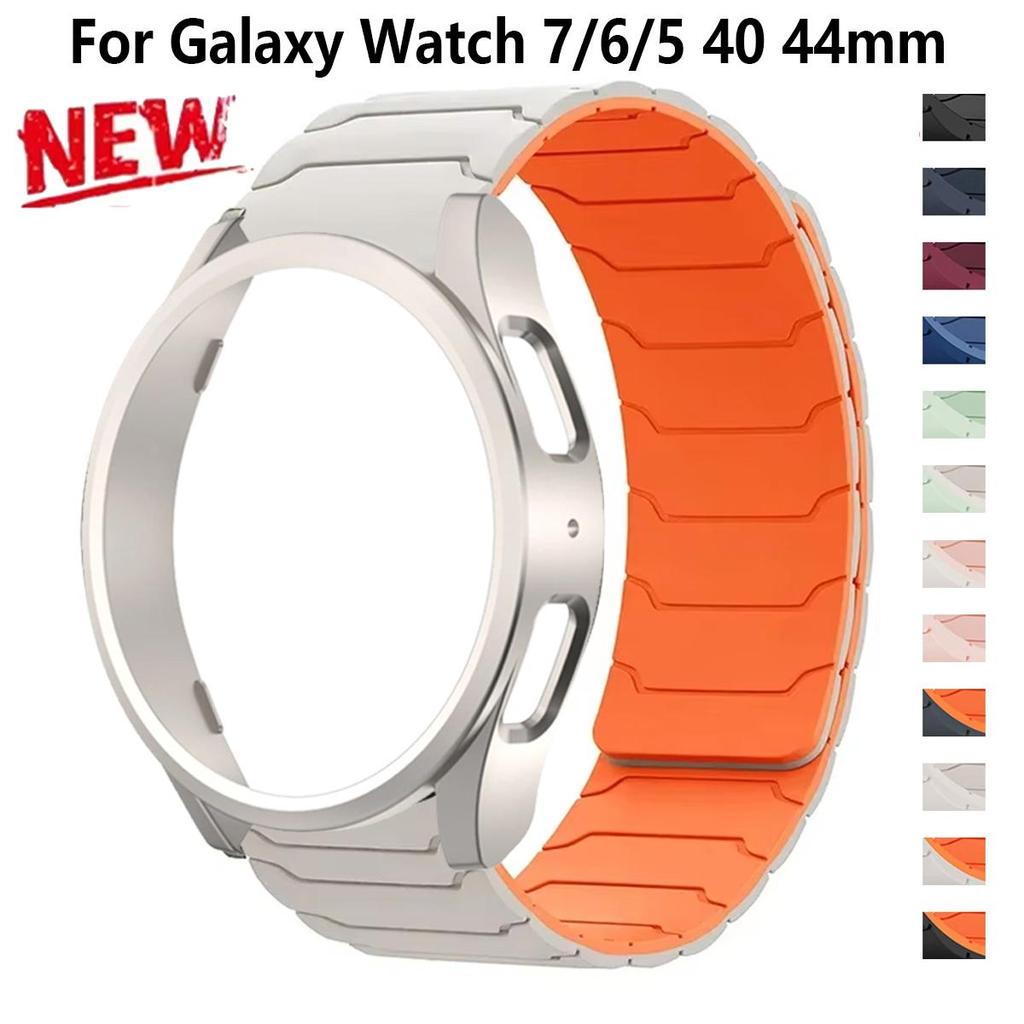 เคสพีซี + สายซิลิโคนแม่เหล็กสําหรับ Samsung Galaxy Watch 7/6/5/4 40 44 มม.กลวงฝาครอบป้องกันกันชน Sport Band