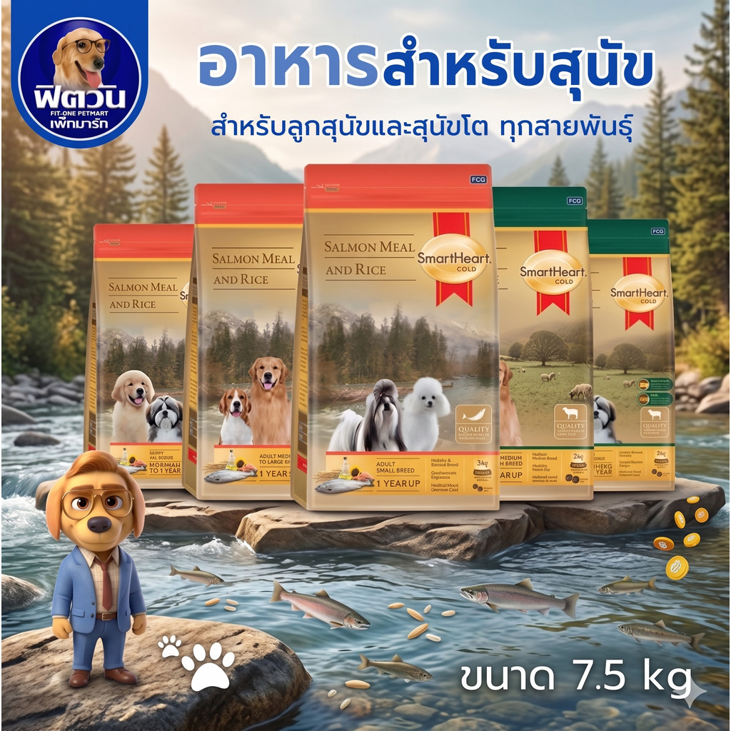 SmartHeart GOLD อาหารสุนัข สูตรแกะและข้าว + สูตรแซลมอนและข้าว ขนาด 7.5 กก..{อาหารสุนัขเม็ด}
