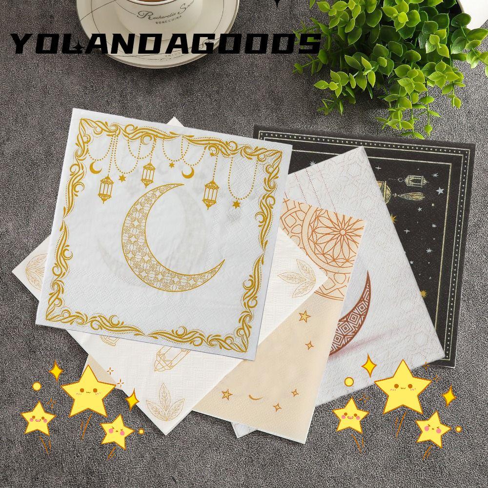 YOLA กระดาษเช็ดปากพิมพ์ลายลายดาว Golden Moon Moon-Patterned ผ้าเช็ดปาก Lively Tableware สีสันสีขาว 20 ชิ้นกระดาษทิชชู่แบบใช้แล้วทิ้งวันเกิด
