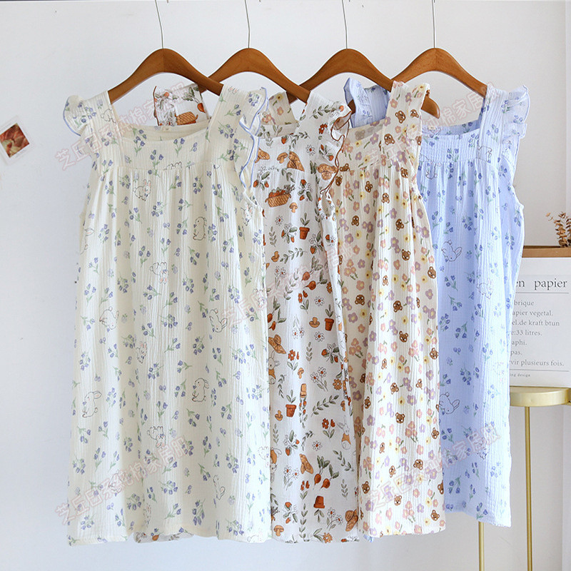 ผ้าฝ้ายผ้ากอซเสื้อกั๊ก Nightdress ผู้หญิงฤดูใบไม้ผลิฤดูร้อนผ้าฝ้าย Breathable Leaky ไหล่ Over-the-Knee กลางความยาว S