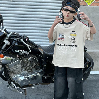 [มล] 80-170ซม [สินค้าสูง] เด็กเกาหลีรุ่นรถจักรยานยนต์แขนสั้นเสื้อยืดผ้าฝ้ายเย็นแฟชั่นด้านบนชายหญิงกลางเด็กใหญ่