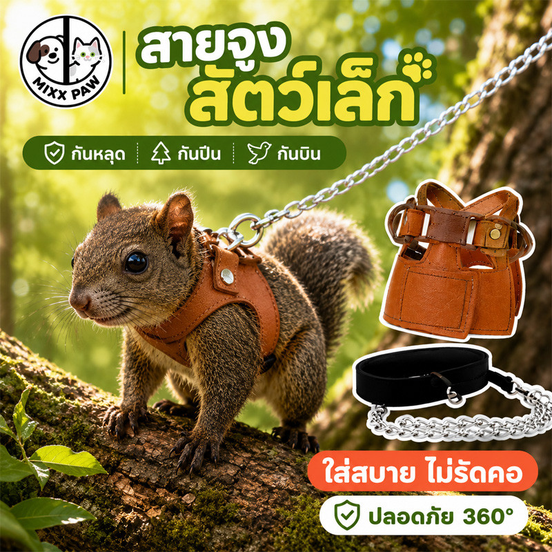 สายจูงสัตว์เล็ก เชือกจูงสัตว์เลี้ยง สำหรับหนูแฮมสเตอร์-กระรอก ระบบล็อก3ชั้น+วัสดุกันลม ป้องกันหลุดหาย ﻿