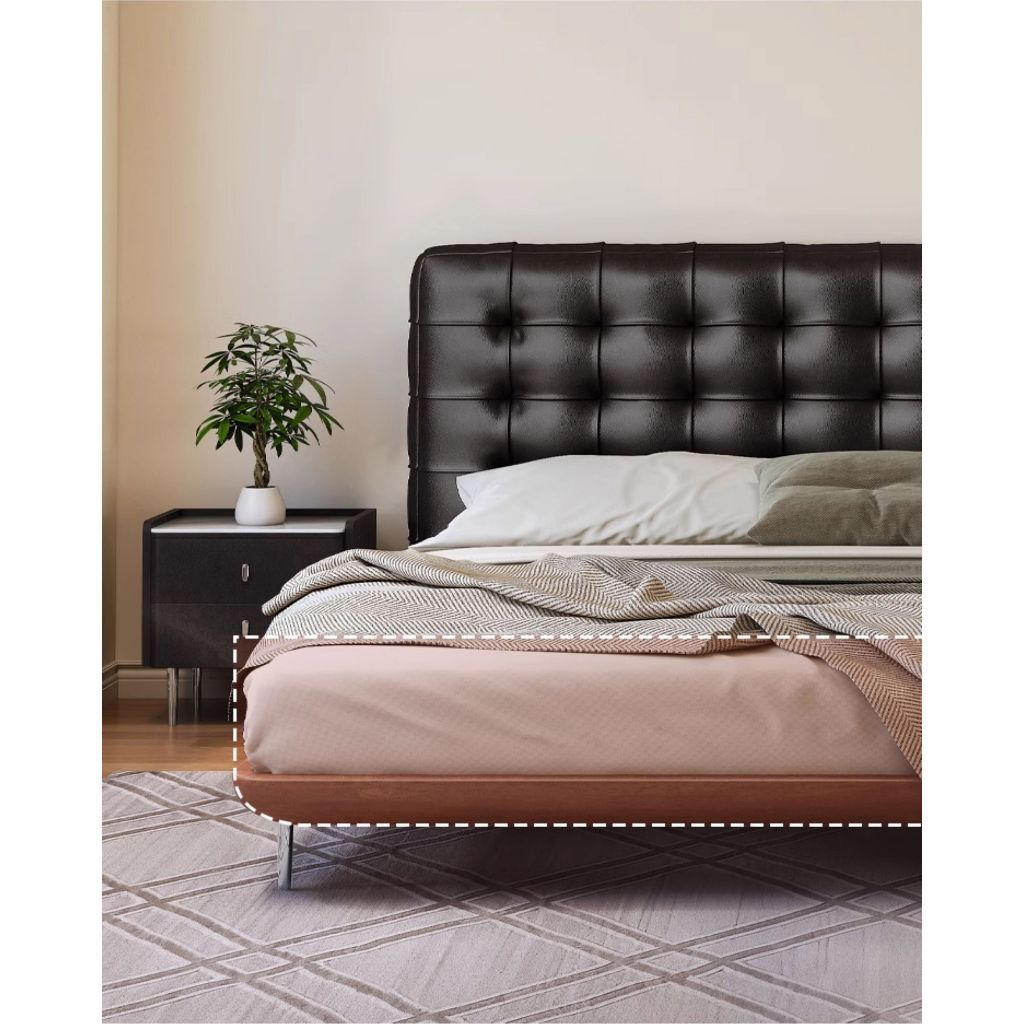 🍑  BUNISE H2011 1.8m Genuine Leather Bed Waffle Pattern Mid-Century Vintage Wedding Bed Solid Wood B