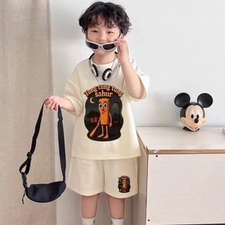 ชุดเด็กเสื้อแขนสั้นกางเกงขาสั้นต้องมีในฤดูร้อน ดีไซน์สไตล์เกาหลีระบายอากาศดี Tung Tung Tung Sahur พิมพ์เสื้อยืด