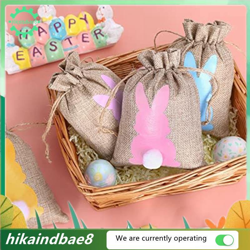 [hIkAi] Easter Burlap Bag Drawstring Bunny Bag Easter Bunny Linen Bag with Ail Bag