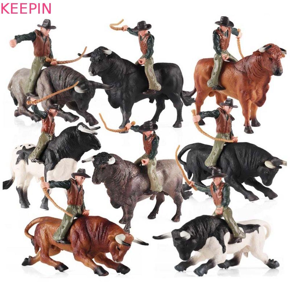 KEEPIN Bullfighting Action Figures, Rider Miniature สัตว์ปีกวัวรุ่น,ตกแต่งบ้าน Static คาวบอยฟาร์มสัตว์ลูกวัว Bull OX ตัวเลขสําหรับเด็ก