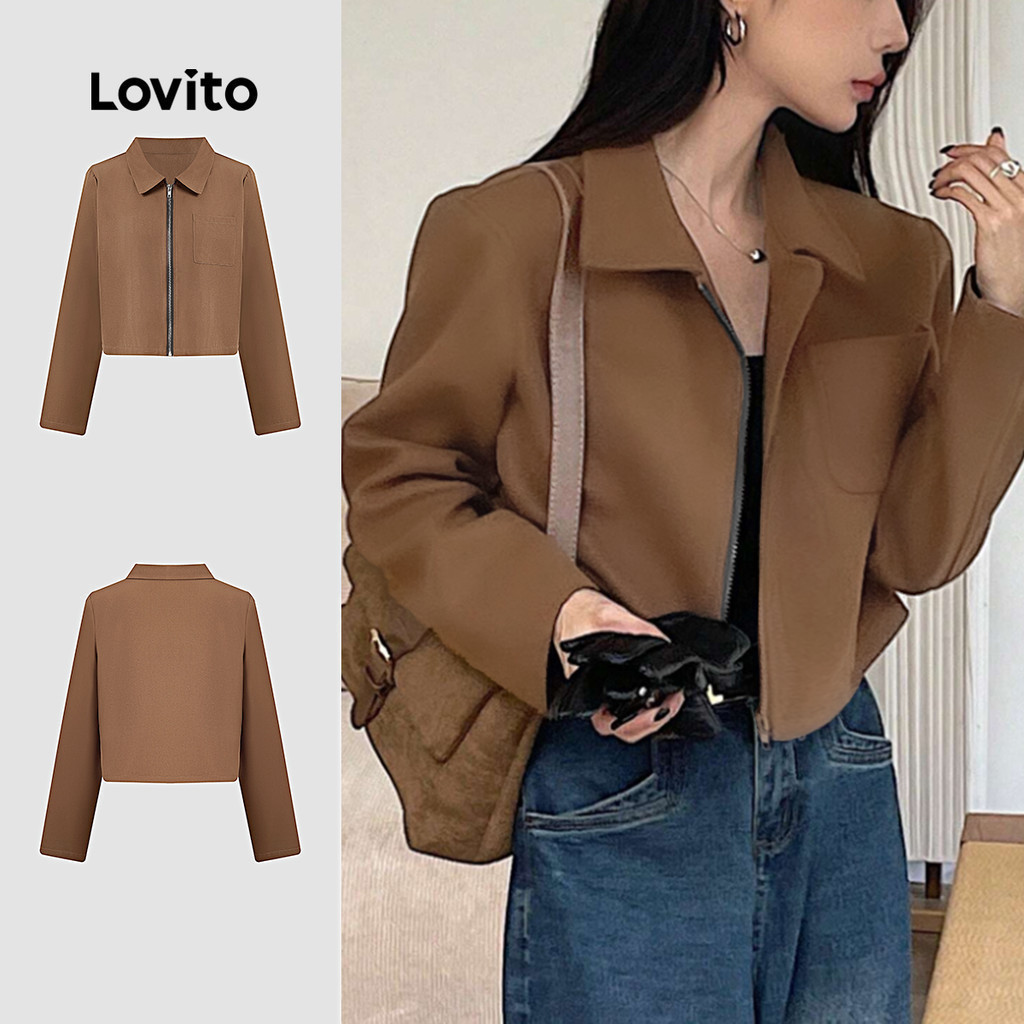 Lovito เสื้อแจ๊กเก็ตแบบสบายๆ ซิปรอบ ไซส์ฤดูใบไม้ผลิ/ฤดูร้อน สีน้ำตาล สำหรับผู้หญิง L154ED065