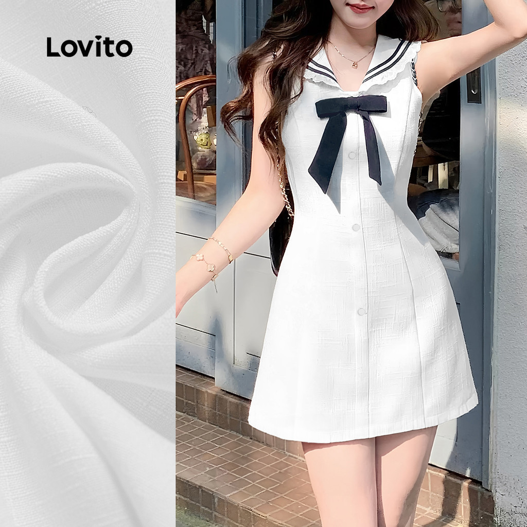 Lovito เดรสเรียบๆ สไตล์ Preppy ผูกโบว์ สีสันสดใส เนื้อผ้าโปร่งเล็กน้อย สำหรับผู้หญิง L130AD123