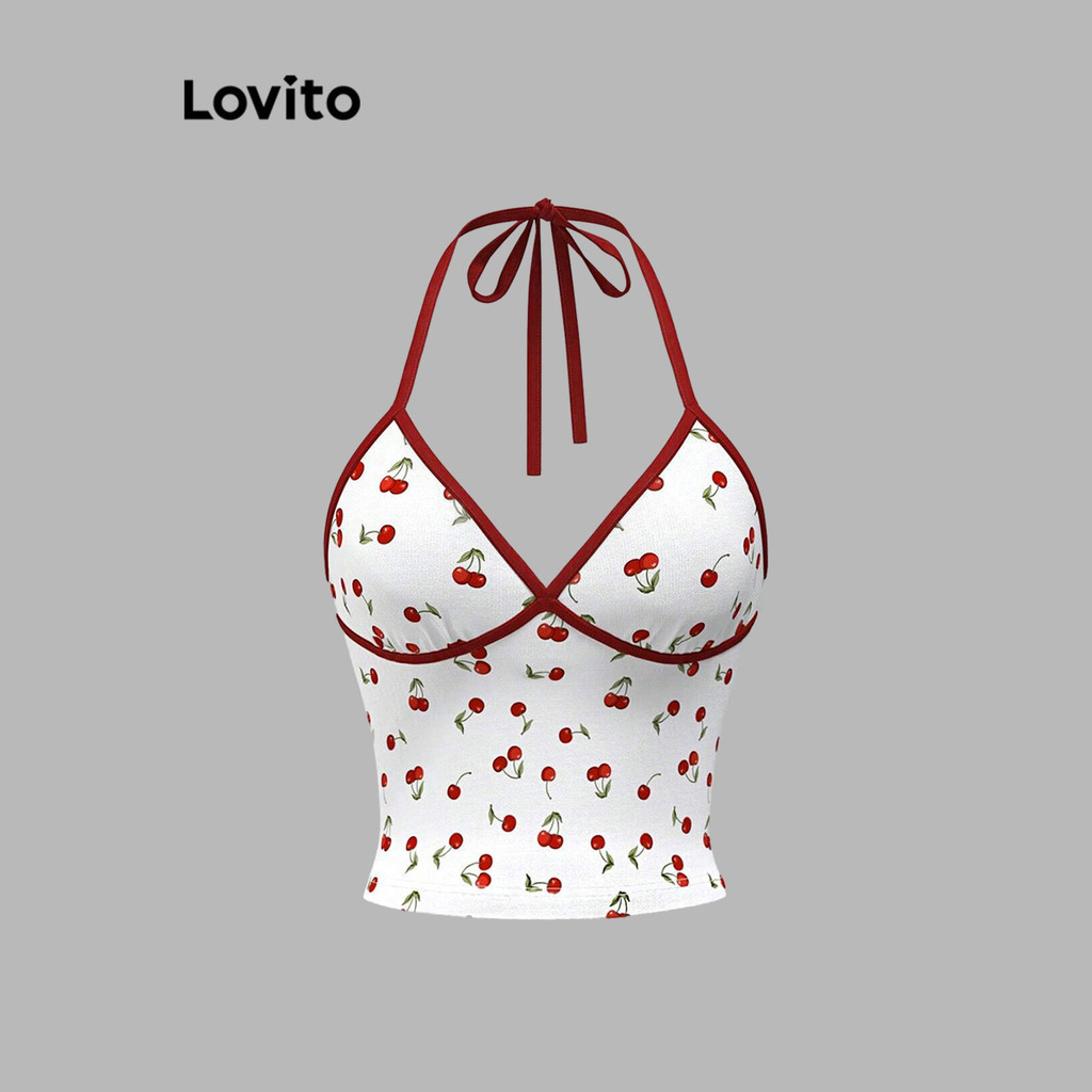 Lovito แคชชวล เสื้อกล้ามสุดน่ารัก ลายผลไม้และผัก ผูกเชือกด้านหน้า ขอบตัดกัน สำหรับผู้หญิง L108ED343