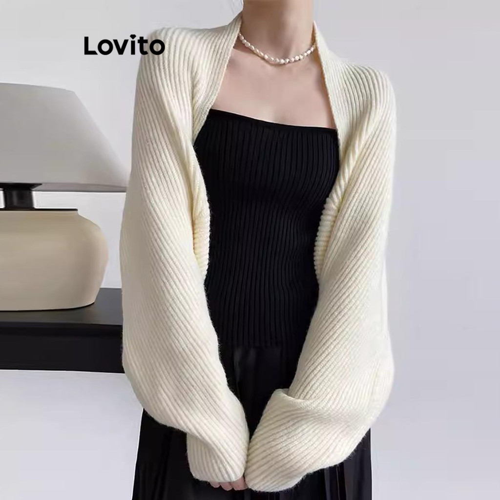 Lovito เสื้อคาร์ดิแกนหรูหราเสื้อคาร์ดิแกนสีพื้นสําหรับผู้หญิง LNE37018 (สีกากี/แอปริคอท/ดํา)
