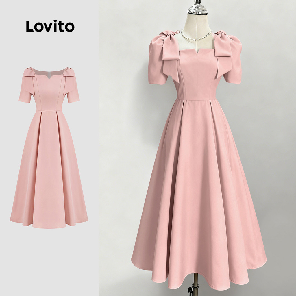 Lovito  เดรสสีชมพูสําหรับผู้หญิง เดรสพลีตผูกโบว์ฤดูใบไม้ผลิ/ฤดูร้อน L172ED1166