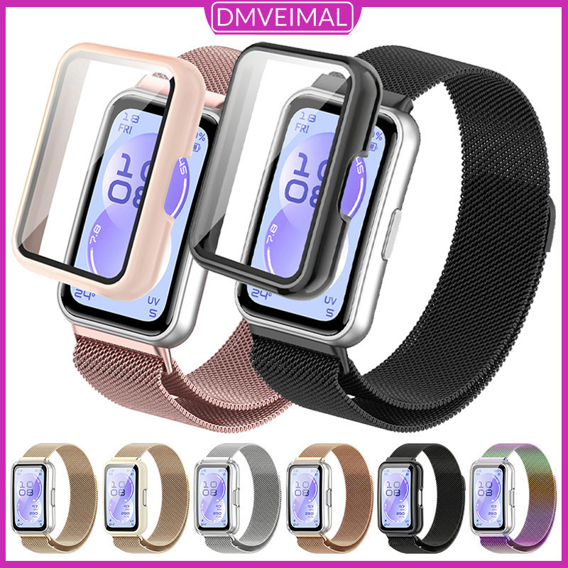 กรณีพีซี + สายรัดโลหะลูป Milanese for Huawei Band 11 / 11 Pro /10 9 8 ป้องกันหน้าจอฝากกันชนแม่เหล็กสแตนเลสสายพาน