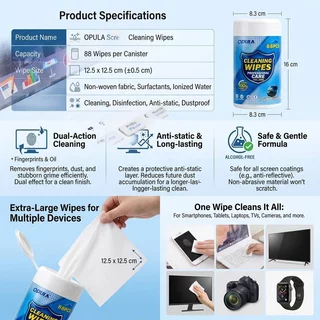 88ชิ้น ผ้าเช็ดทำความสะอาดหน้าจอ อุปกรณ์อิเล็กทรอนิกส์ Cleaning Wipes ทิชชู่เปียกเช็ดหน้าจอ