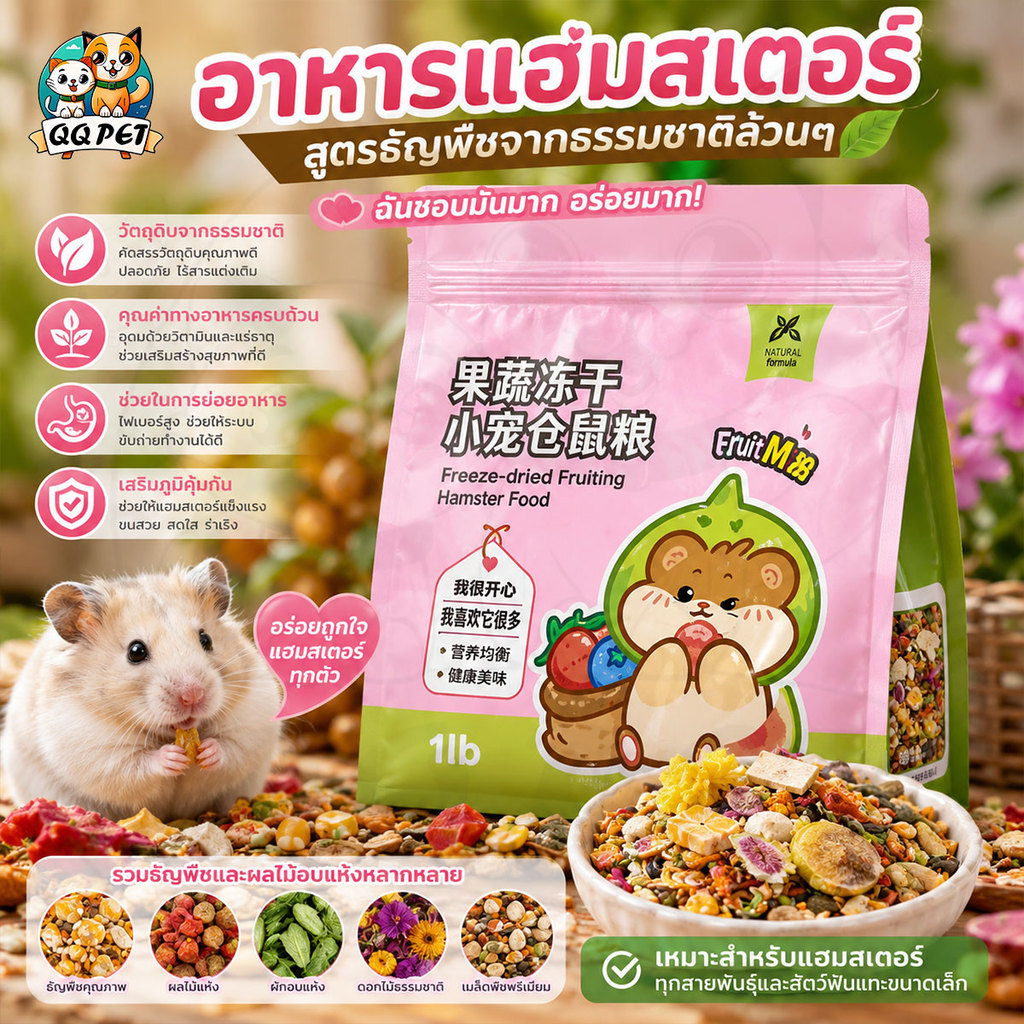 QQPET อาหารหนูแฮมเตอร์ อาหารหนูแฮมสเตอร์เพื่อสุขภาพ 🐹ฉันชอบมันมากอร่อยมาก สูตรธัญพืชจากธรรมชาติล้วนๆ