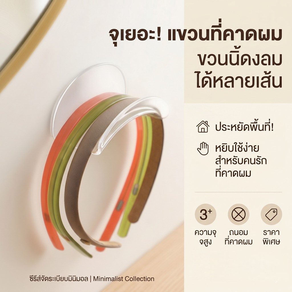 Enjoymore (set 2ชิ้น)ที่แขวนที่คาดผม ที่แขวนกระเป๋า อเนกประสงค์แบบใส ติดผนังไม่ต้องเจาะ จัดระเบียบของใช้ สไตล์มินิมอล