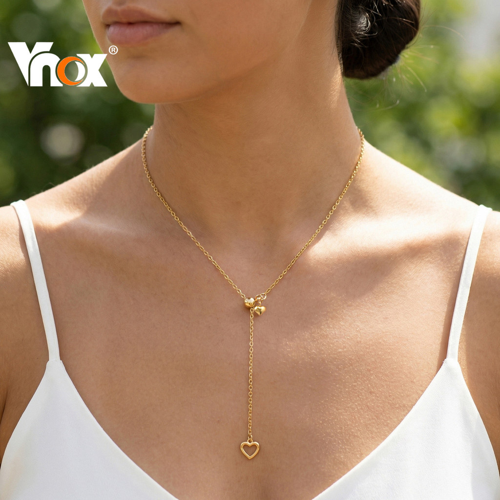 Vnox Elegant Gold สแตนเลสปรับเลื่อนหัวใจ Y Lariat สร้อยคอสําหรับเธอ, การออกแบบโซ่รูปตัว Y แพ้ง่าย, ของขวัญเหนือกาลเวลาสํ